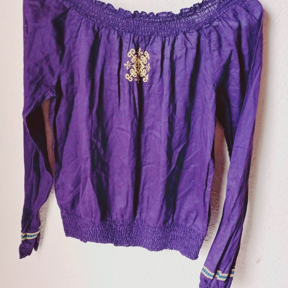 Purple, with gold and aqua color design stitching. Long sleeve crop top. - Picture 6 of 7